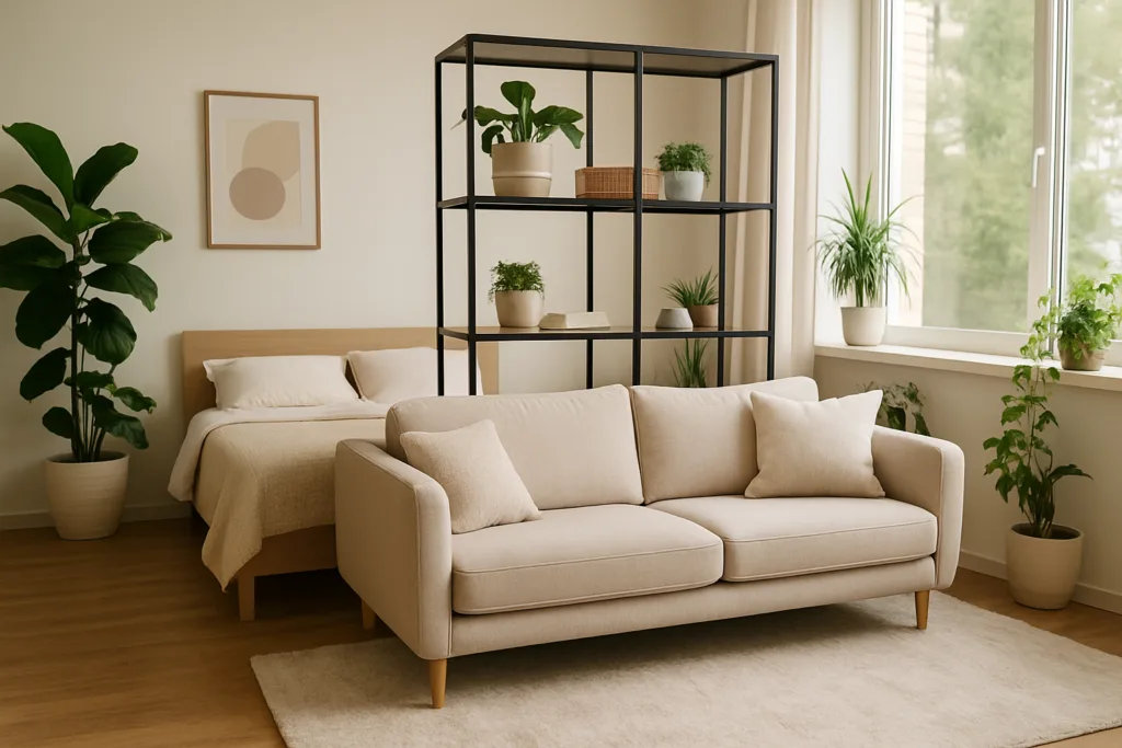 Sofa pod oknem, łóżko za regałem