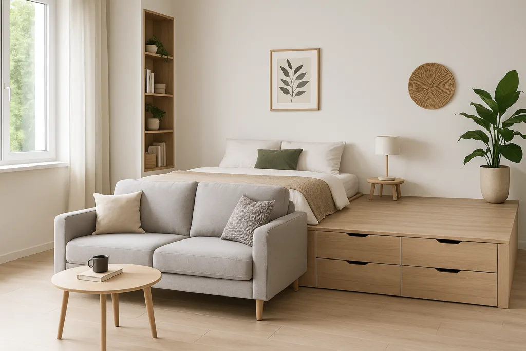 Podest pod łóżkiem z szufladami + sofa na środku