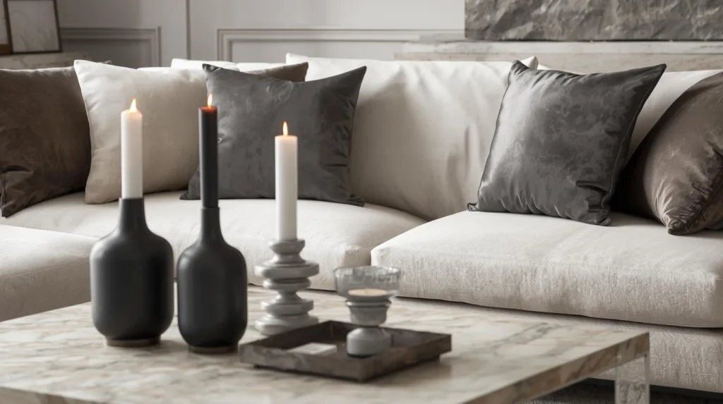 Jasna sofa z szarymi poduszkami i czarnymi świecznikami – antracytowe dodatki we wnętrzu