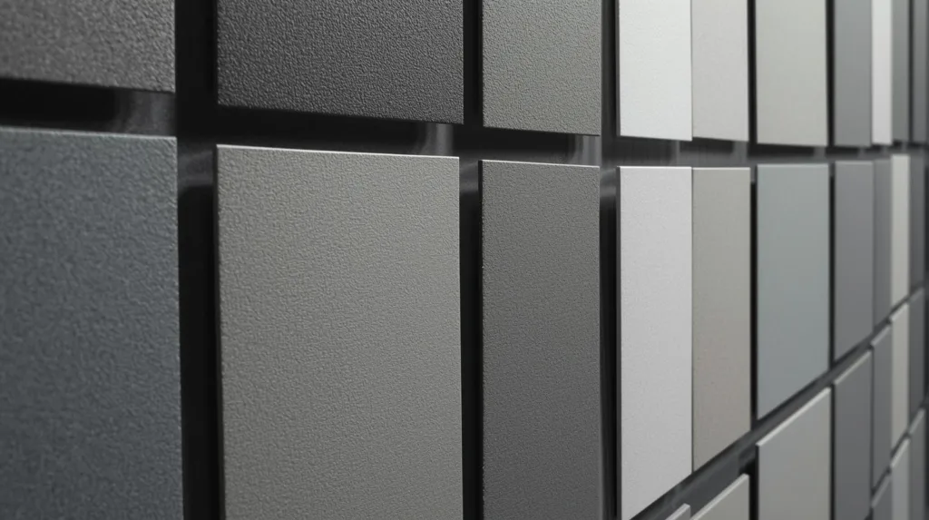 Próbki różnych odcieni szarości i antracytu na ścianie – paleta kolorów do wnętrz