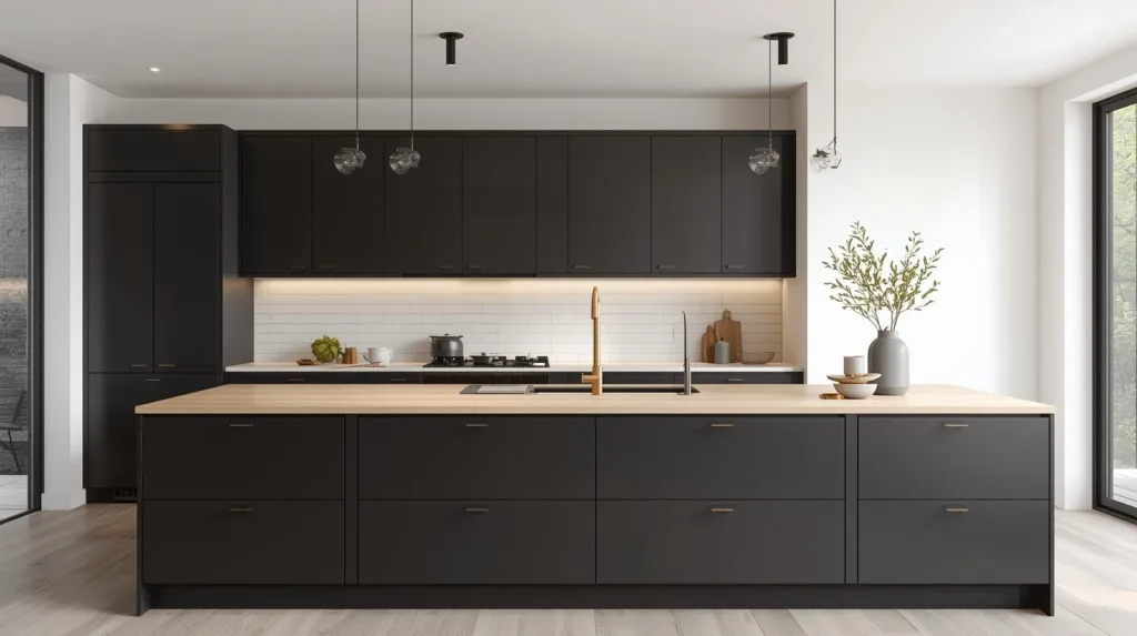 Nowoczesna kuchnia z antracytowymi frontami i jasnym drewnianym blatem wyspy