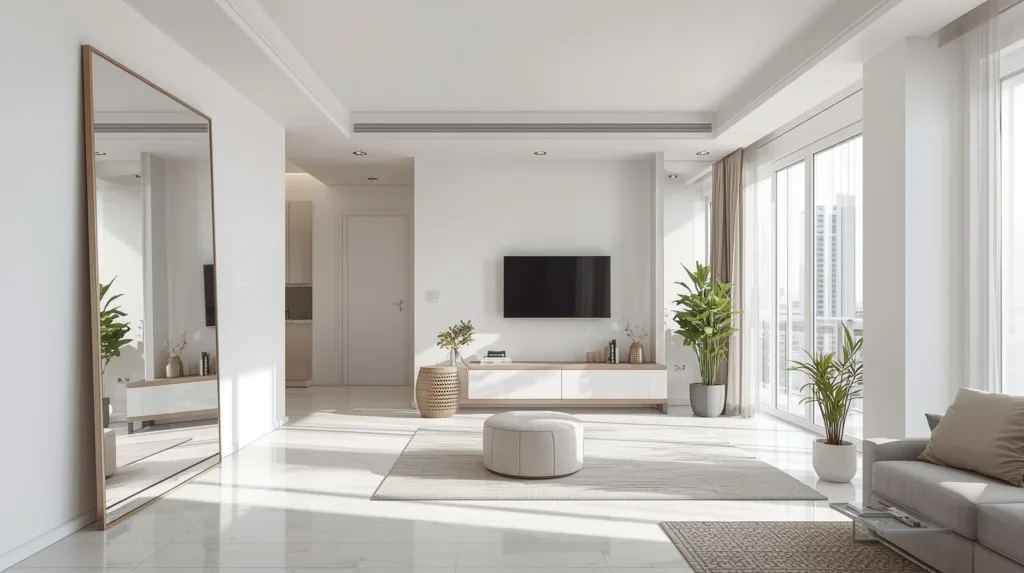 Nowoczesny salon w jasnej kolorystyce z dużym lustrem w ramie, telewizorem na ścianie i roślinami doniczkowymi, optycznie powiększający małe mieszkanie