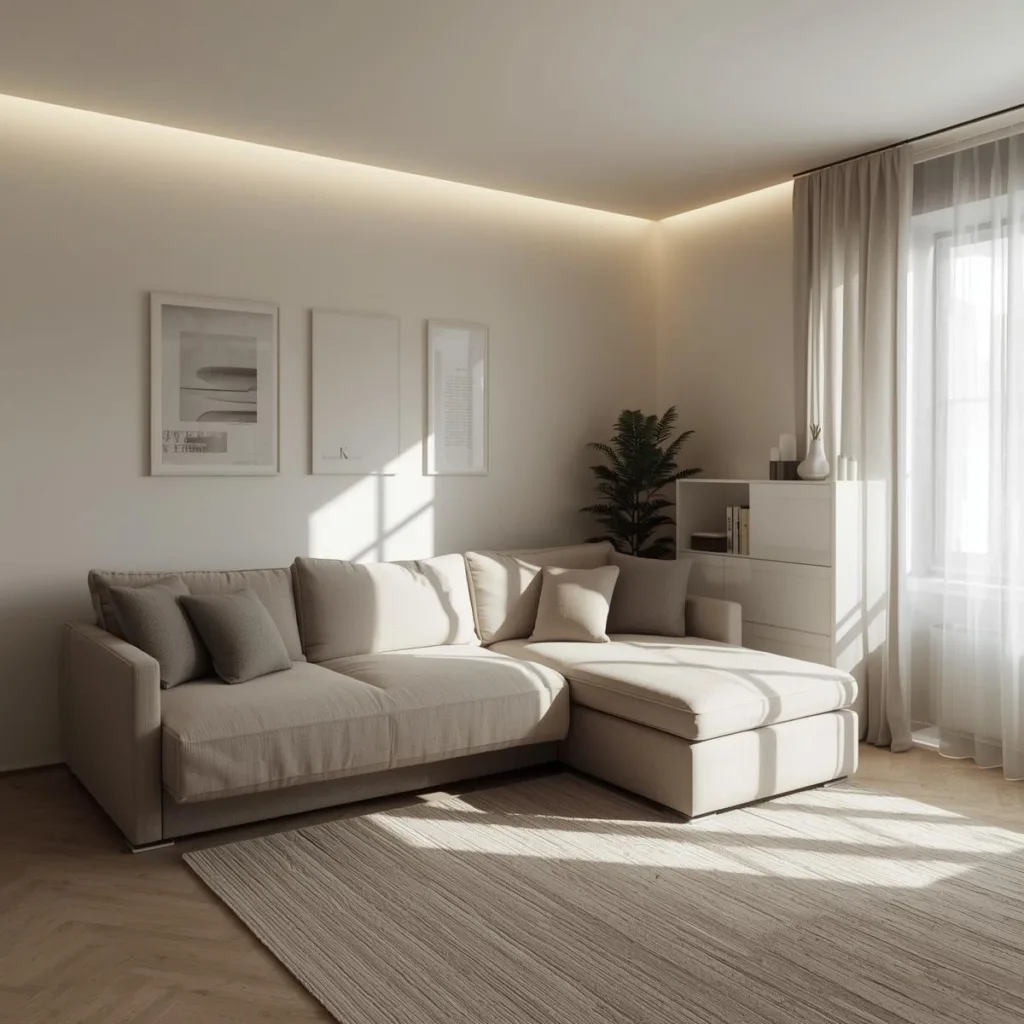 Przytulna strefa wypoczynkowa w małym mieszkaniu z beżowym narożnikiem, dużym dywanem i delikatnym oświetleniem LED przy suficie