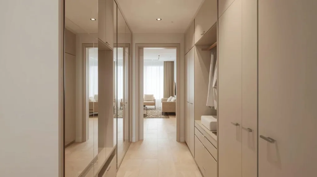Wąski korytarz w małym mieszkaniu z zabudową pod sufit i lustrzanymi frontami szaf prowadzący do jasnego salonu.