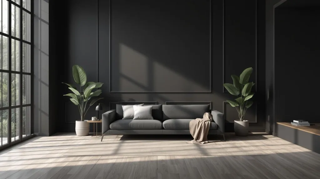 Salon z antracytowymi ścianami, grafitową sofą i dużymi oknami w stylu loft