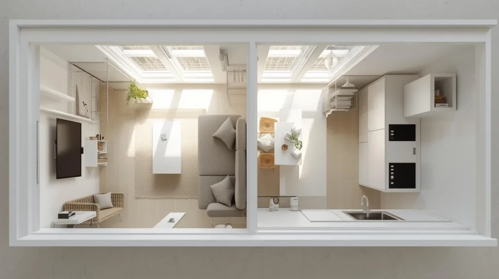 Widok z góry na jasne małe mieszkanie 38 m² z wydzieloną strefą dzienną, jadalnią i aneksem kuchennym w nowoczesnej aranżacji.