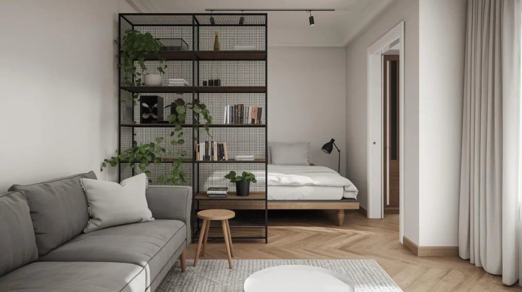 Salon w małym mieszkaniu z szarą sofą i ażurowym regałem, który lekko oddziela strefę dzienną od łóżka w części sypialnianej