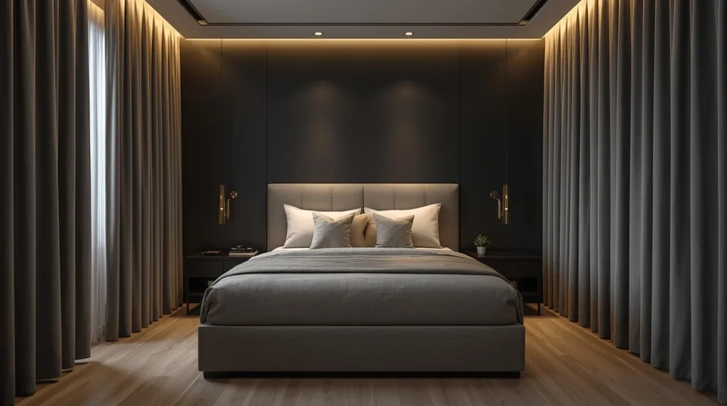 Sypialnia z ciemnymi antracytowymi ścianami, zasłonami i łóżkiem w odcieniach szarości