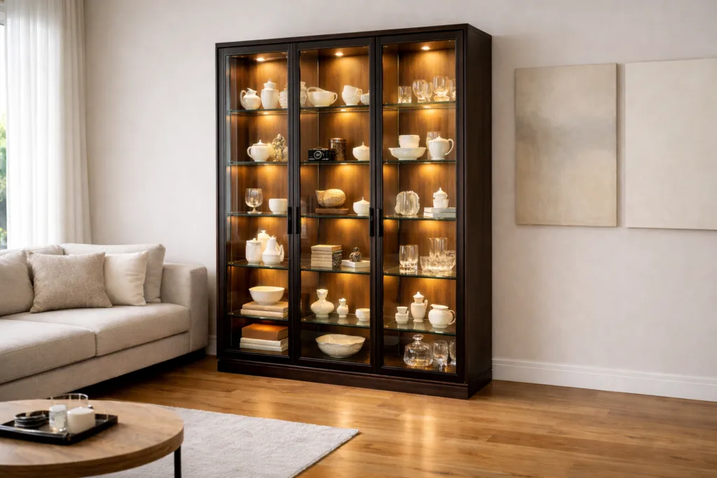 Nowoczesny salon z elegancką witryną do salonu z dużymi przeszkleniami i ciepłym podświetleniem LED, na półkach porcelana i pamiątki