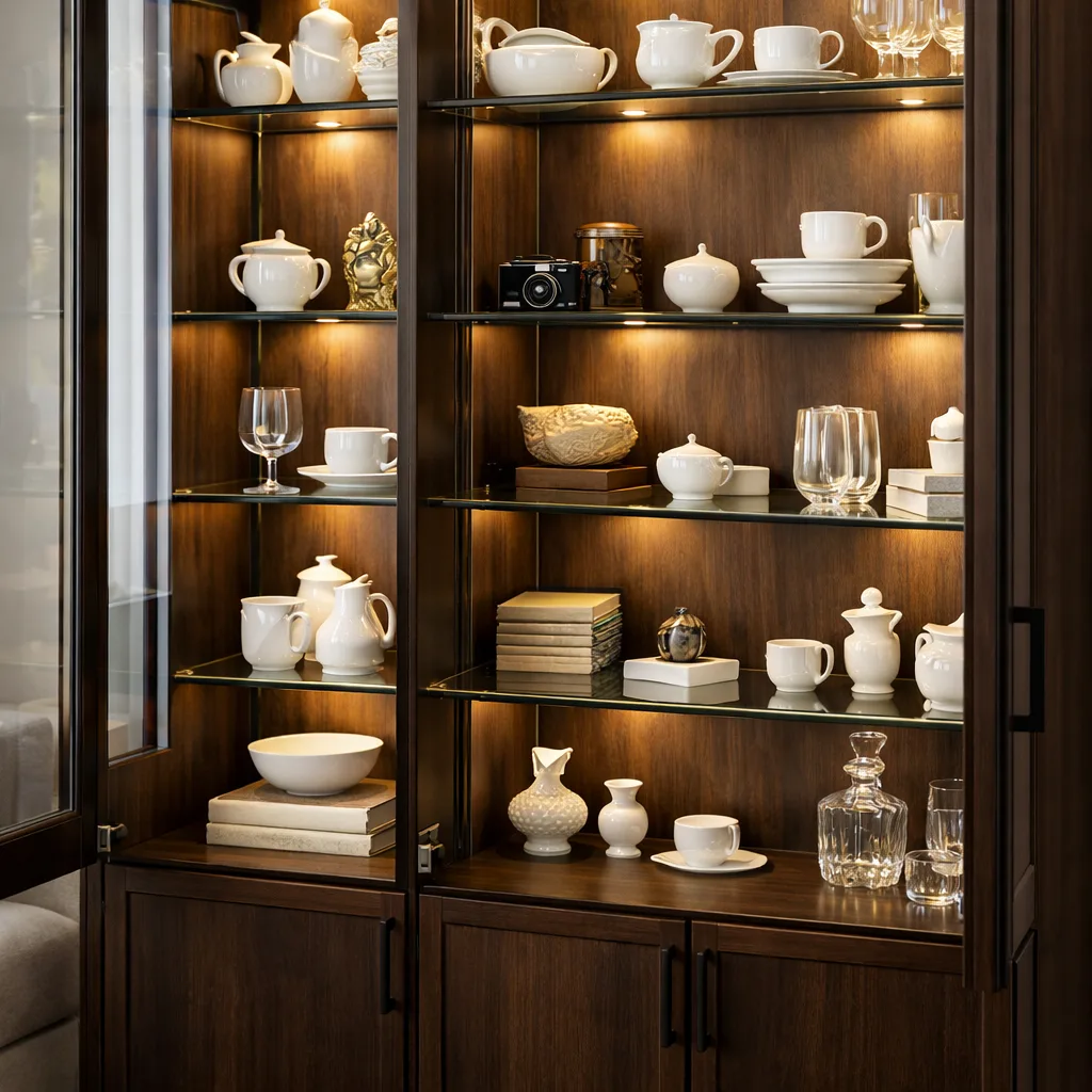 Wnętrze otwartej witryny do salonu z półkami o różnych wysokościach i zamykanymi szafkami, uporządkowane zastawy, porcelana, albumy i pamiątki