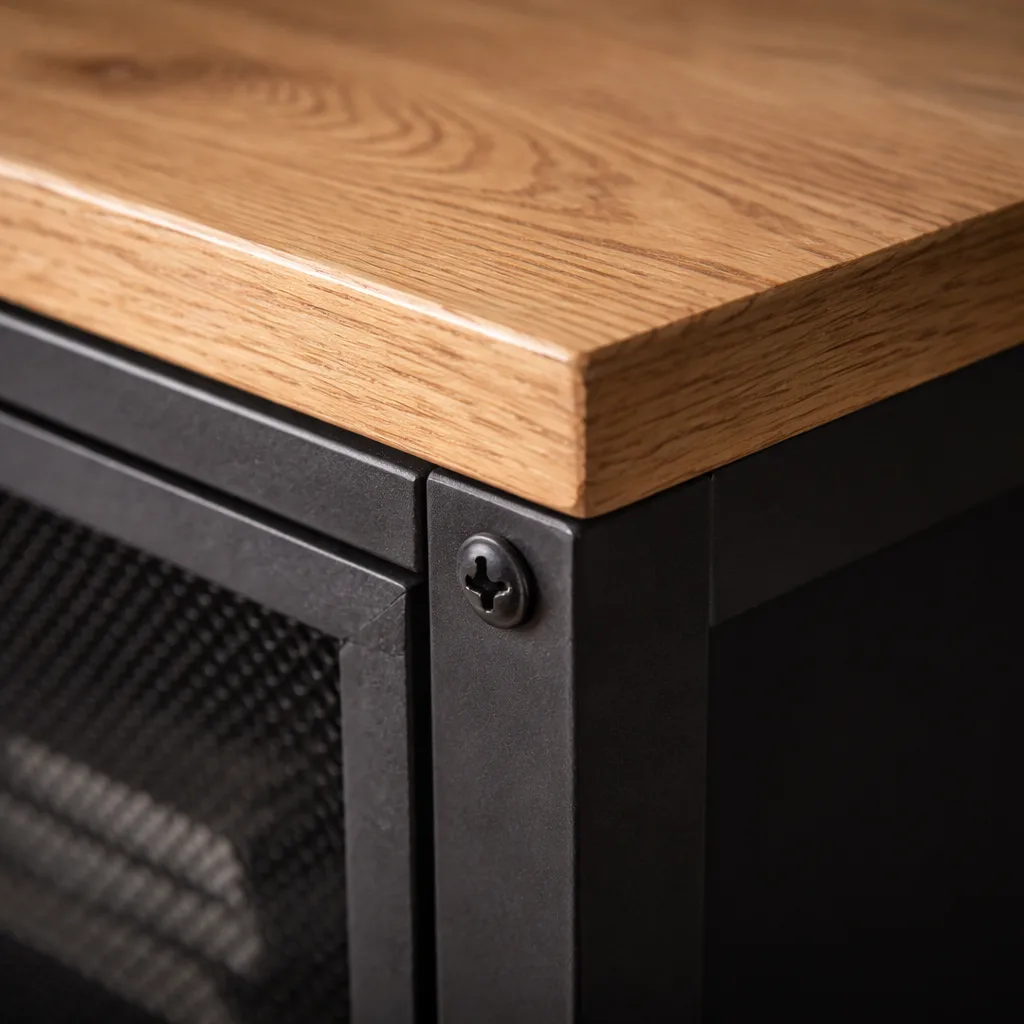 Zbliżenie na połączenie dębowego blatu i stalowej ramy w komodzie loftowej, widoczne faktury materiałów