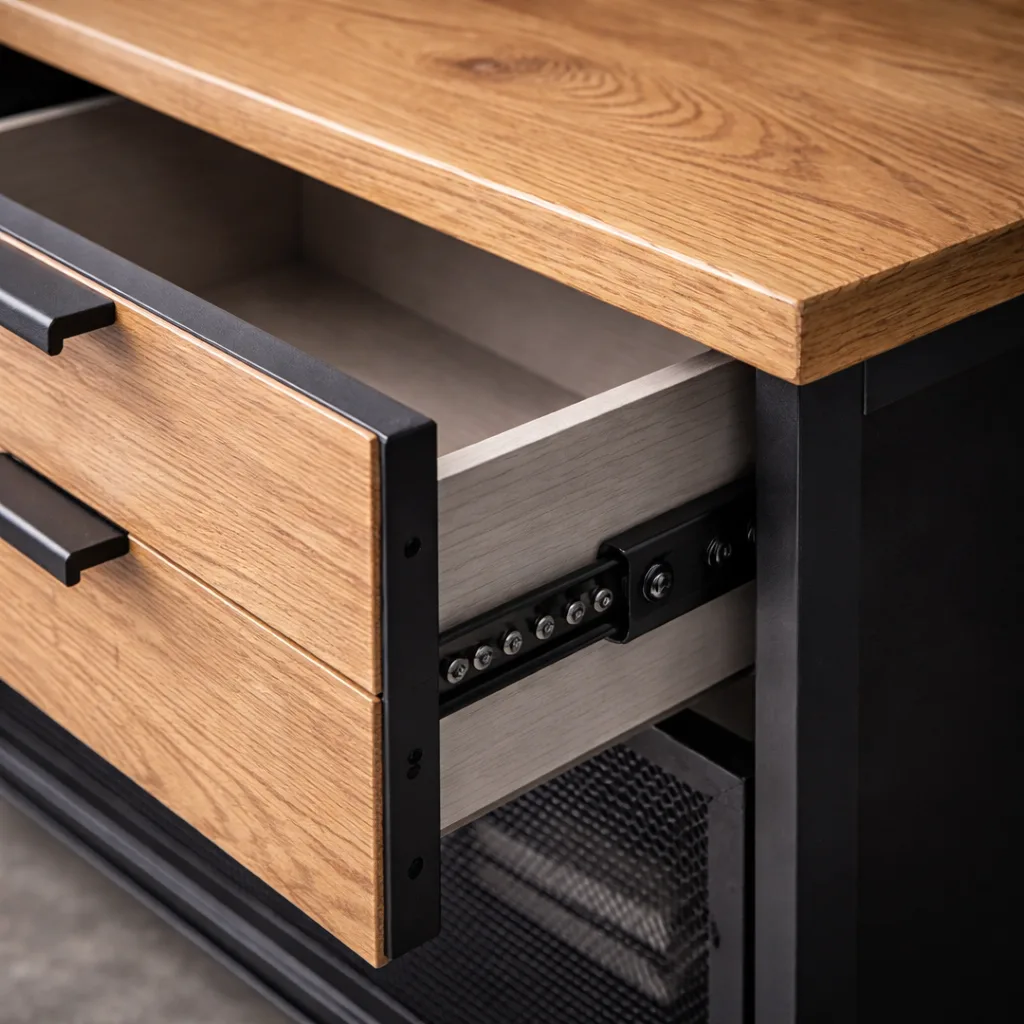 Detal jakości komody loftowej: otwarta szuflada, prowadnice i równe spasowanie frontów w metalowej ramie