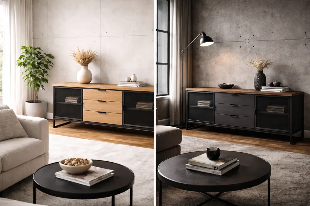 Porównanie komody loftowej w jasnym wnętrzu loftowym i komody w mocniejszym wnętrzu industrialnym