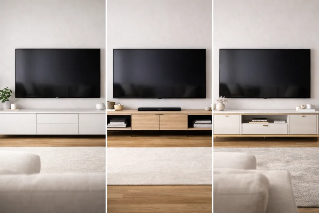 Porównanie trzech stylów szafki RTV pod telewizorem: minimalistyczny, nowoczesny oraz glamour na tej samej ścianie TV